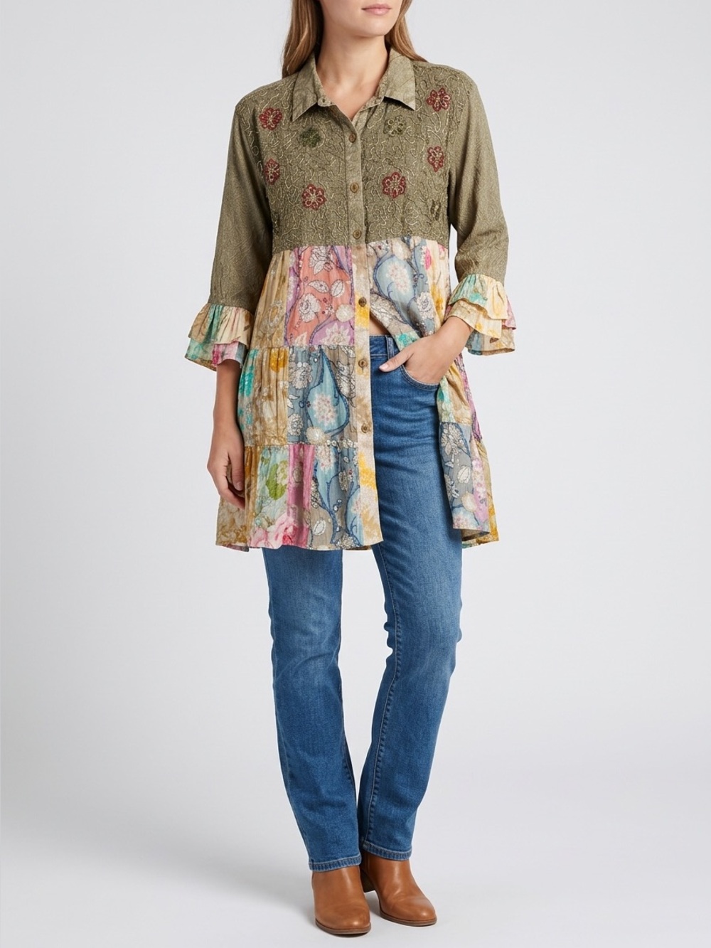 Olive Green Patchwork Floral Tunic - Women - Picture 1 of 2